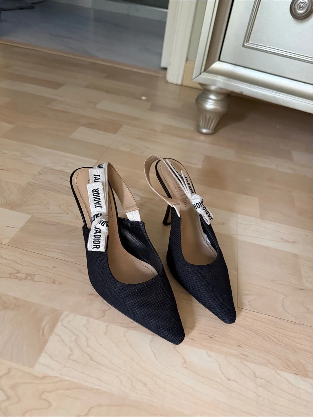 Dior Black Pointed-Toe Slingback Heels with J'Adior Ribbon